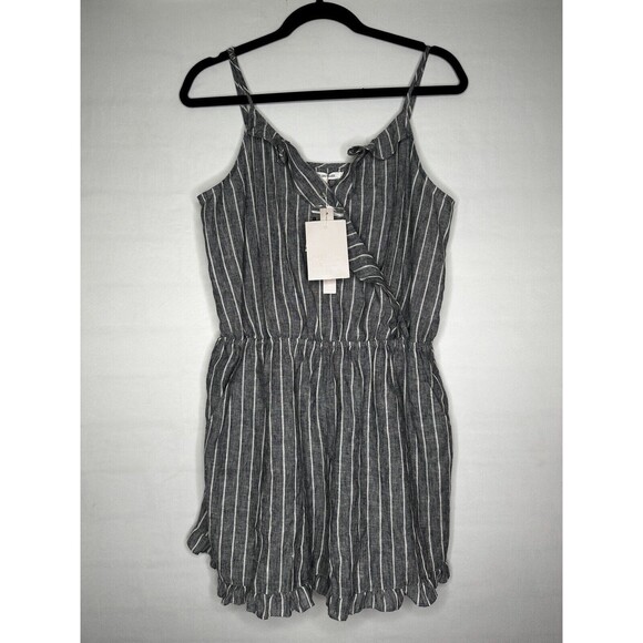 Avec Les Filles Linen Blend Striped Ruffle Romper‎ Indigo Heather Size Large NEW - Picture 1 of 8